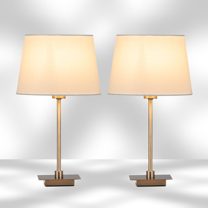 Pair (2x) Square Stick Antique Brass Metal Bedside Table Lamp 