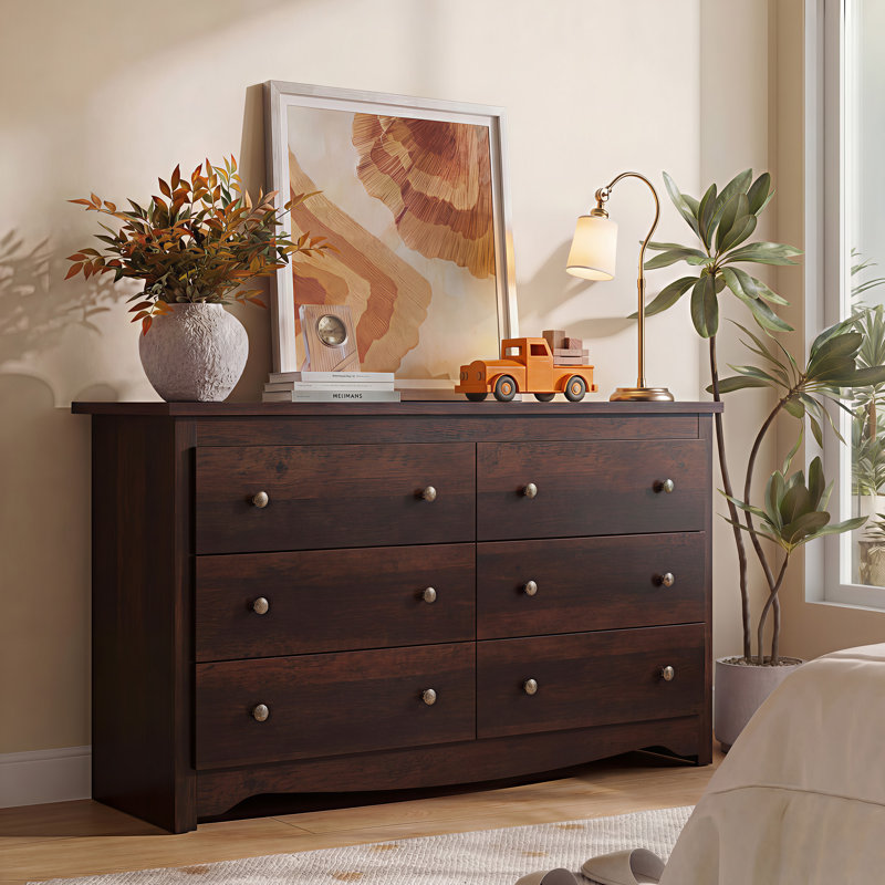 Commode en bois à 6 tiroirs l 59 po avec poignées doubles élégantes pour la chambre à coucher, grand rangement moderne avec pieds solides, commode à tiroirs Esspresso pour le salon, couloir