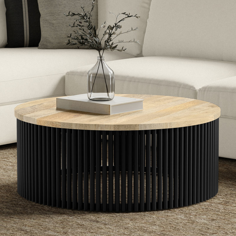 Demy 35"W Solid Wood and Metal Industrial Contemporary Round Coffee Table with Sculptural Base and Powder Coated Frame