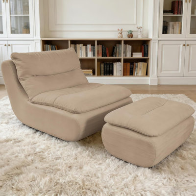  Large Chenille Bean Bag Chair With Matching Ottoman Ergonomic Indoor Relaxation Furniture, Beige