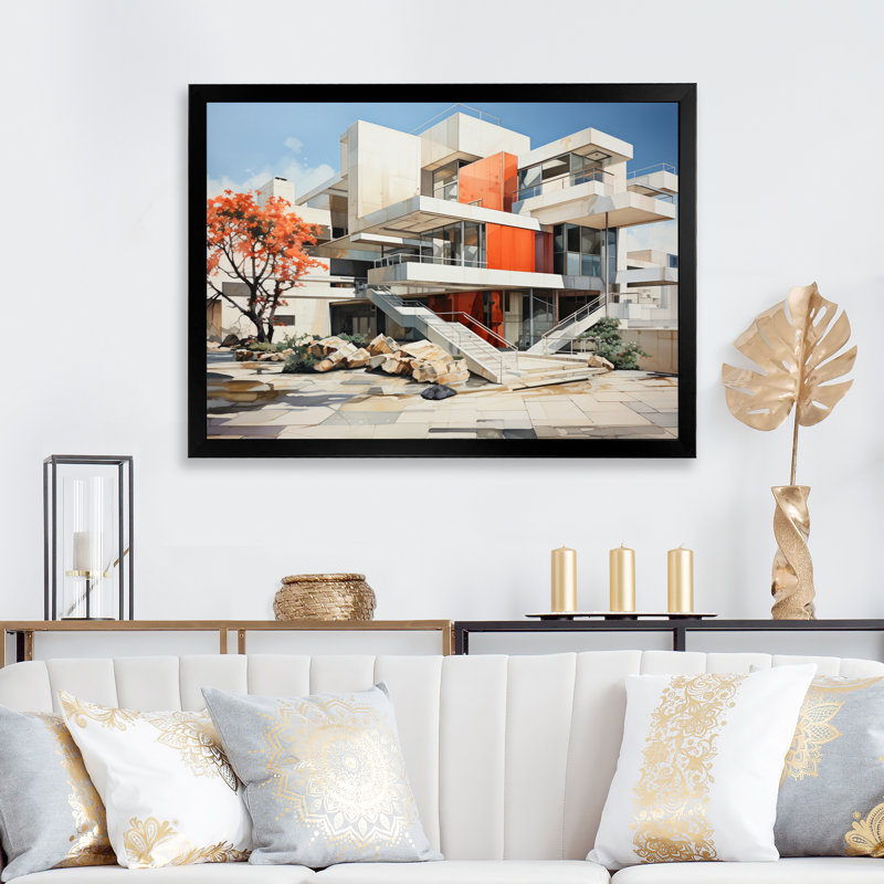«Colorful Mid Century Architectural Symmetry I», reproduction d'art sur toile, H 24 po x l 32 po x P 1 po, Cadre simple noir