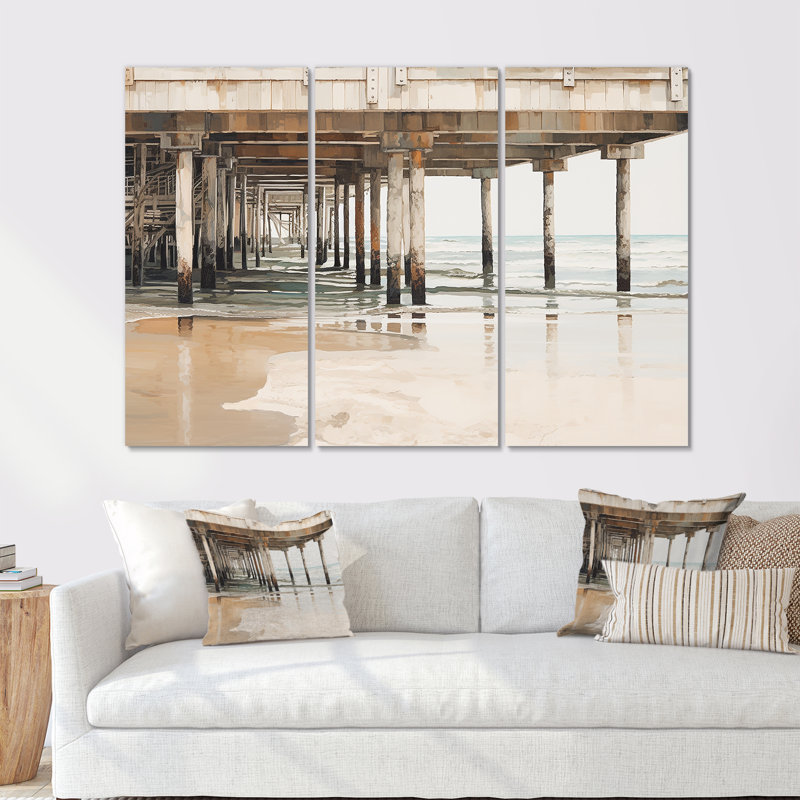 Ensemble de salon Minimalisme, jetée beige Horizon I - Coastal Pier, Toile tendue, H 28 po x l 36 po x P 1 po
