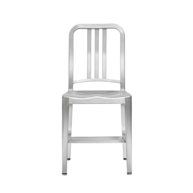 Brushed aluminum navy-style chair with a vertical slat back and contoured seat.