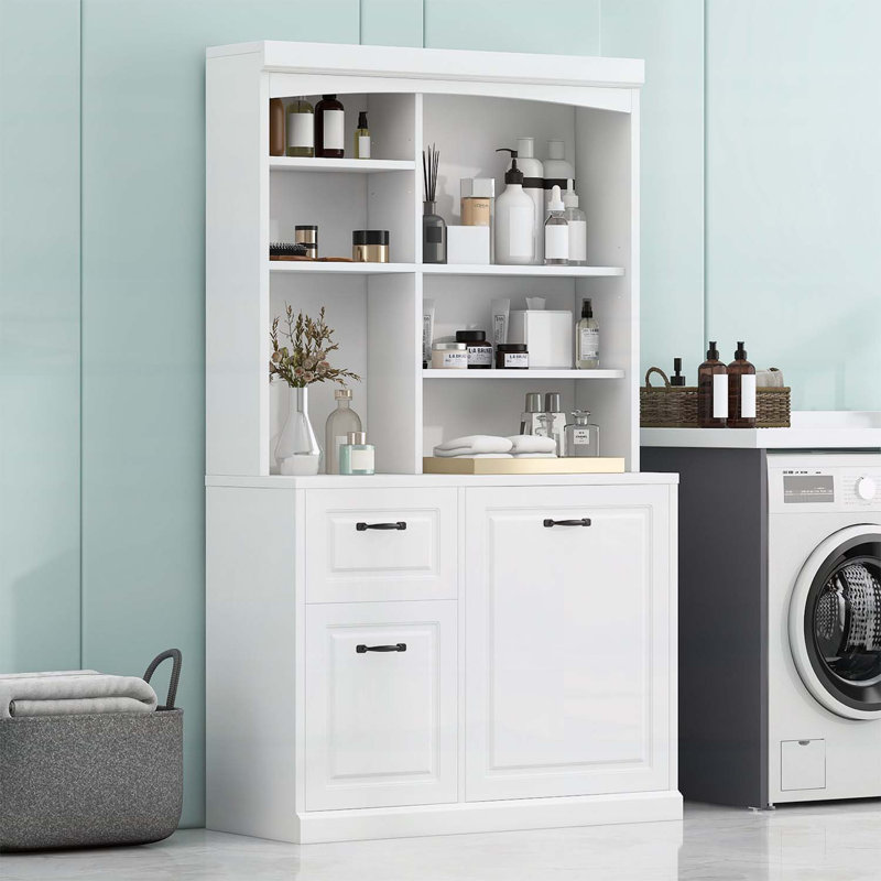 Armoire de rangement de salle de bain avec panier inclinable, avec tiroirs et tablettes réglables