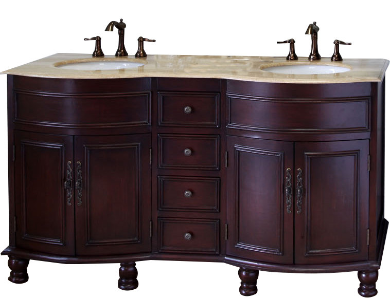 Ensemble de meuble-lavabo double 62 po Barrington, Noyer clair, Travertin