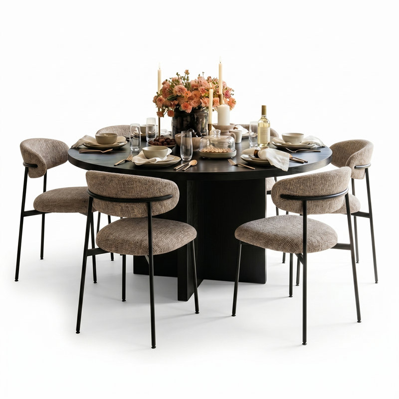 Ensemble de salle à manger rond moderne avec table à pied centrale et 6 chaises rembourrées à dossier incurvé, Light Brown