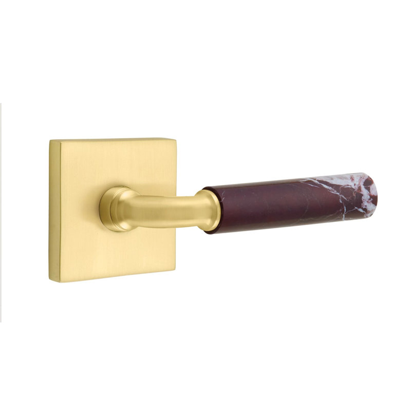 Emtek Select Privacy Leverset w/ Square Rosette & R-Bar Stem, Rosso Levanto Marble Lever (CF), Satin Brass