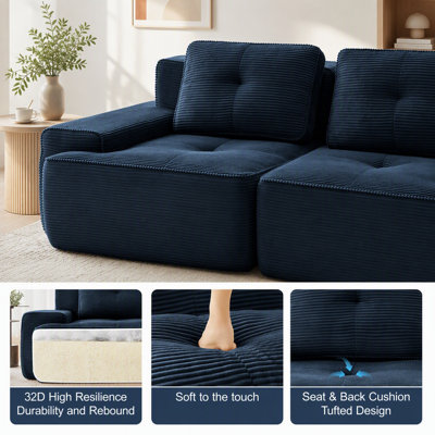 Canapé d'angle modulaire moderne en forme de L de 390 cm (153 pouces) pour salon, tissu velours côtelé, canapé 4 places avec assise profonde et pouf amovible, passepoil nacré, design capitonné, aucun assemblage requis, surface antidérapante, marron