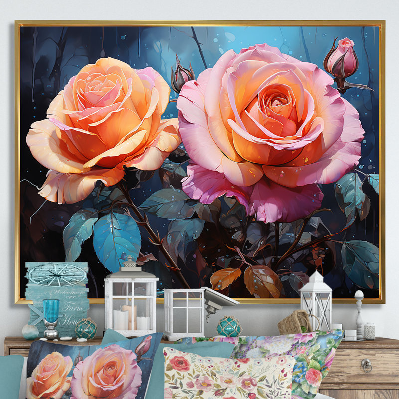 Minimalisme, roses roses, rêve III, sur toile, Cadre flottant doré, H 34 po x l 44 po x P 1,5 po