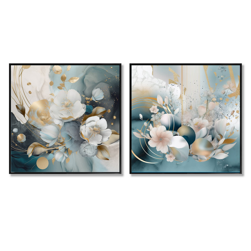 Blue Marble Gold Floral Impressions - Ensemble de 2 collages floraux carrés, Cadre flottant noir, H 16 po x l 33 po