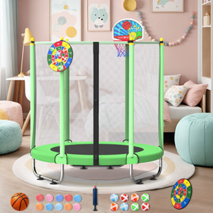 60 inch Trampoline for Kids 5 FT Indoor and Outdoor Toddler Baby Trampoline with Basketball Hoop Safety Enclosure Birthday Gifts for Kids Gifts for Boy and Girl