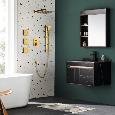 Golden Shower Package With Hand And Valve Trim: Natural Rainfall Head, Self-Cleaning, 7.91 In Product Height, Brass System Gold Hose: - Rainfall, Easy Clean, 18 Width