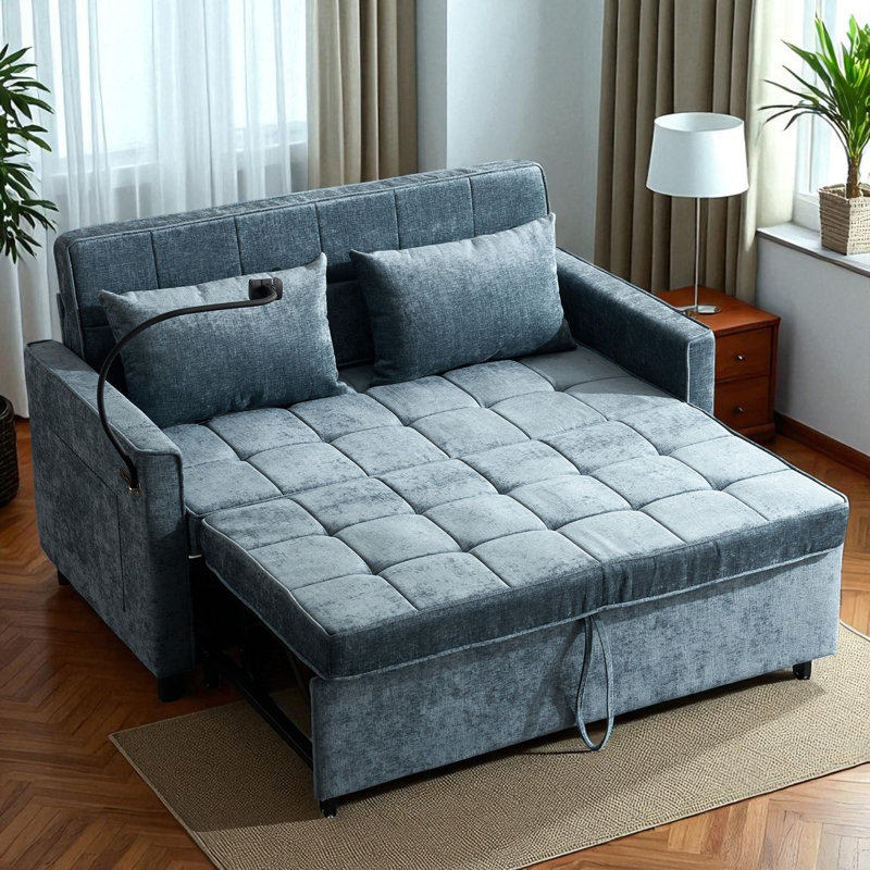 Canapé-lit gigogne escamotable avec ports USB, Bleu