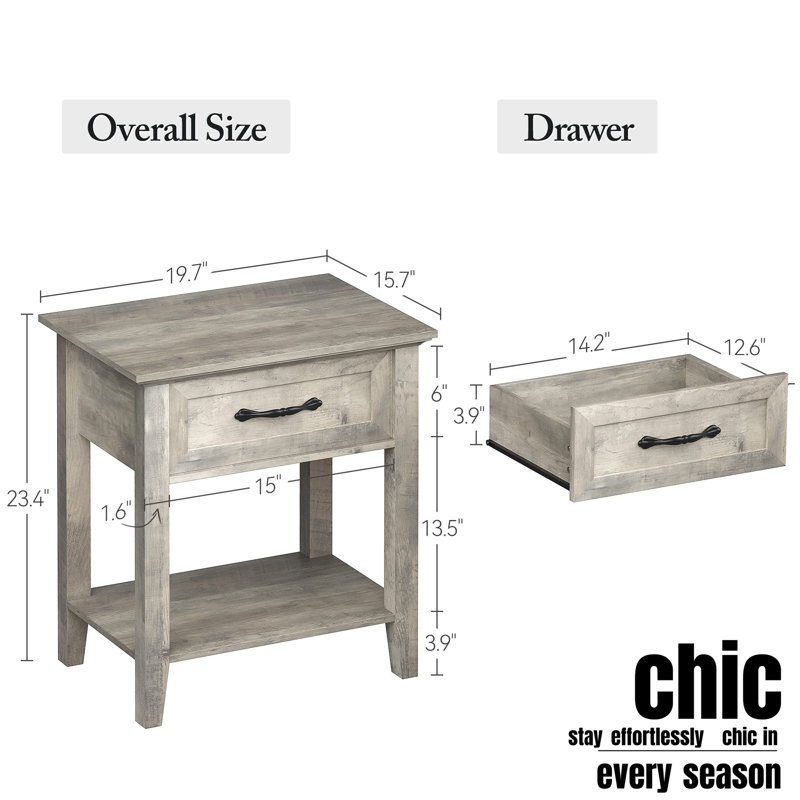 Table de chevet avec tiroir, table de bout / table de chevet avec tablette ouverte pour la chambre à coucher, Gris