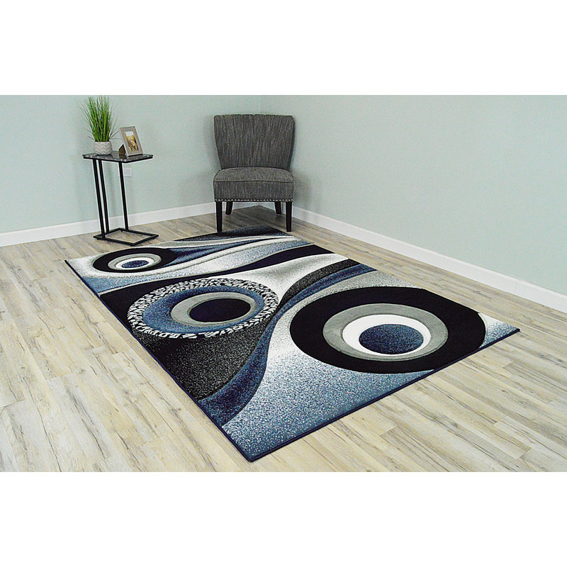 Tapis bleu marine / gris à motif abstrait Mccampbell, Rectangle 2 pi 7 po x 4 pi