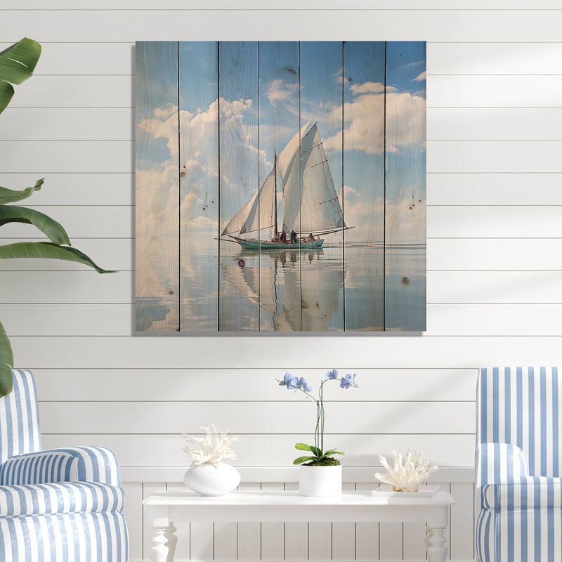«Morning Sail Horizon I» - Bateau côtier sur bois, H 25 po x l 25 po