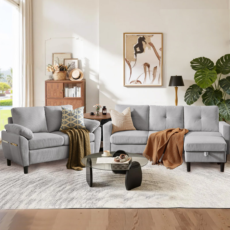 Ensemble de canapé 3 pièces 77,17 po avec repose-pieds et causeuse en velours côtelé 77,17 po, Light Grey