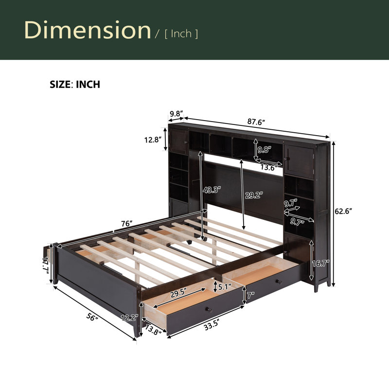 Lit double en bois avec armoire et tablette tout-en-un, Espresso
