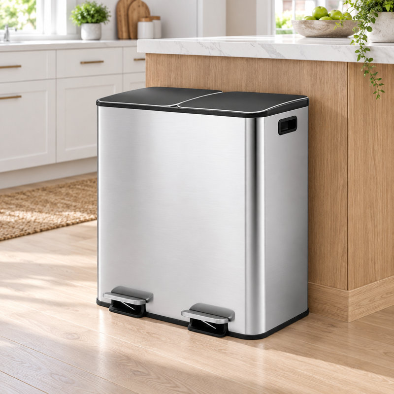 Poubelle de cuisine en acier inoxydable argenté à double compartiment de 16 gallons avec couvercles à fermeture douce, Argent