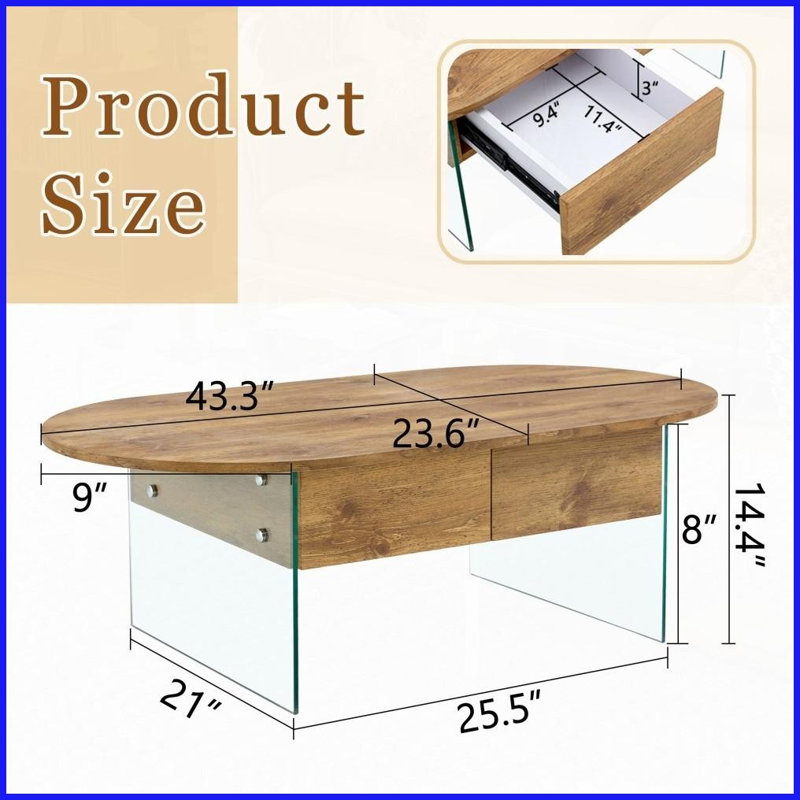 Table basse ovale en panneau de fibres à densité moyenne avec pieds en verre trempé - 43,3 po x 23,6 po Assemblage facile