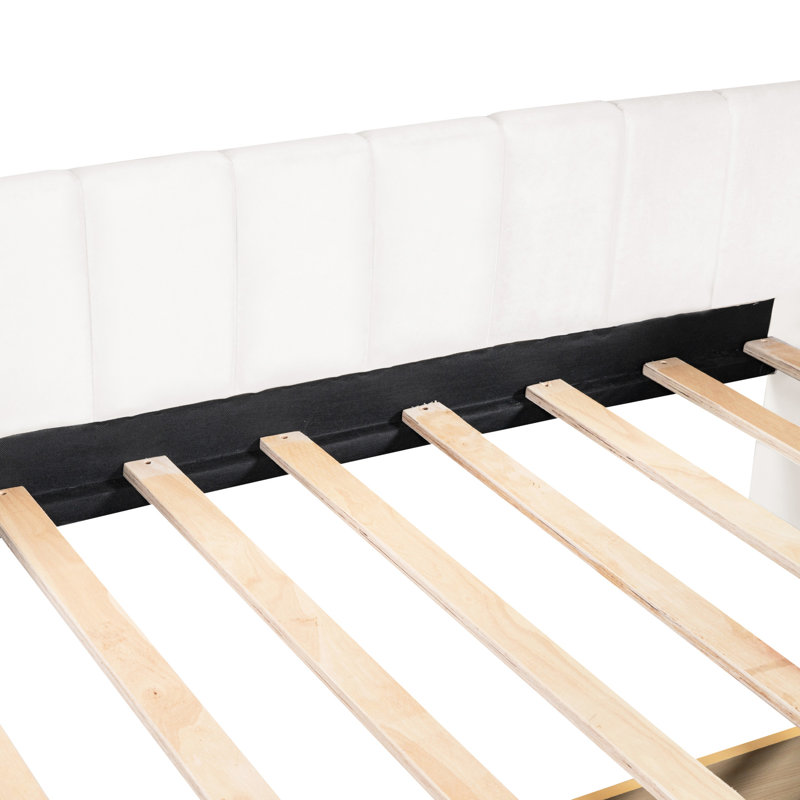 Lit de jour simple beige avec support pour le dos ergonomique et 2 tiroirs - Tête de lit à rayures classique pour une chambre à coucher élégante