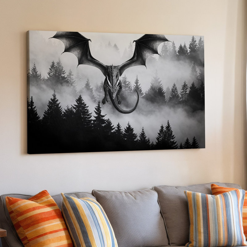 Toile, art dramatique noir et blanc mettant en vedette un majestueux dragon, art mural sur une forêt dense, H 18 po x l 24 po