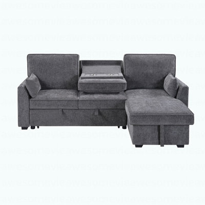 Modern 89"W Dark Gray Fabric Sleeper Sectional Sofa With Reversible Storage Chaise, USB & USB-C Charging Ports, Cupholders, Pillows