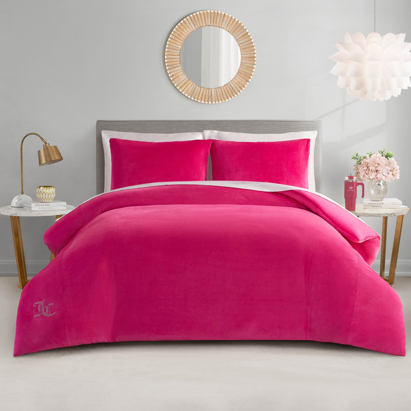 Juicy Couture Solid Velour Comforter Sets, Queen Comforter + 2 Standard Shams, Hot Pink