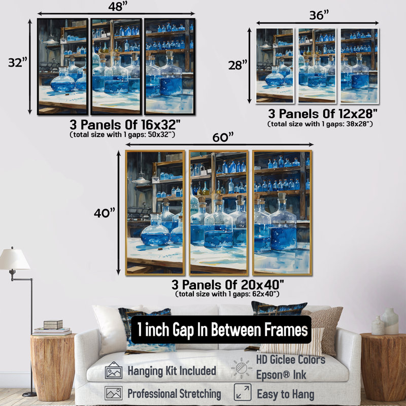 Laboratoire chimique, ensemble d'art mural, H 28 po x l 36 po x P 1 po, Toile avec cadre flottant noir