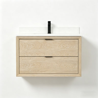 36" Transitional Floating Natural Oak Bath Vanity with Engineered Marble Top