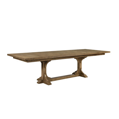 Almond Finish Trestle Table, Geometric Veneer Tabletop, 84" - 114" Extendable, Veneers, Base, Solid Wood + , 44" Wide, 30" High Table With Color, Design High, 229 Lb