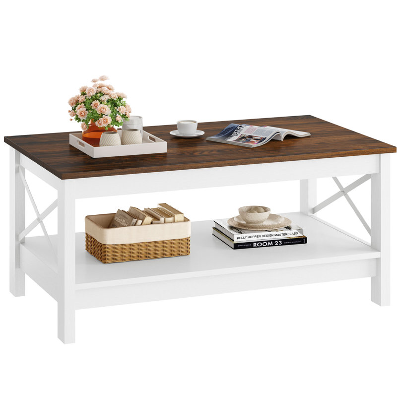 O'Kean 39" Rectangular Coffee Table with Storage For Living Room, White, Dark Brown