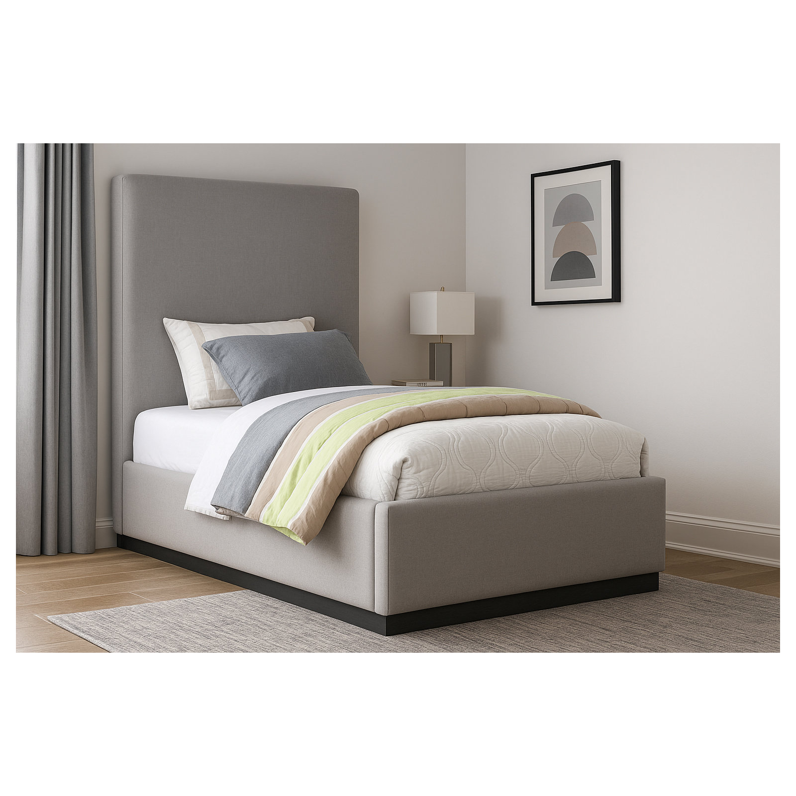 Citori Upholstered Panel Bed, Grey Linen Textured Fabric, Twin