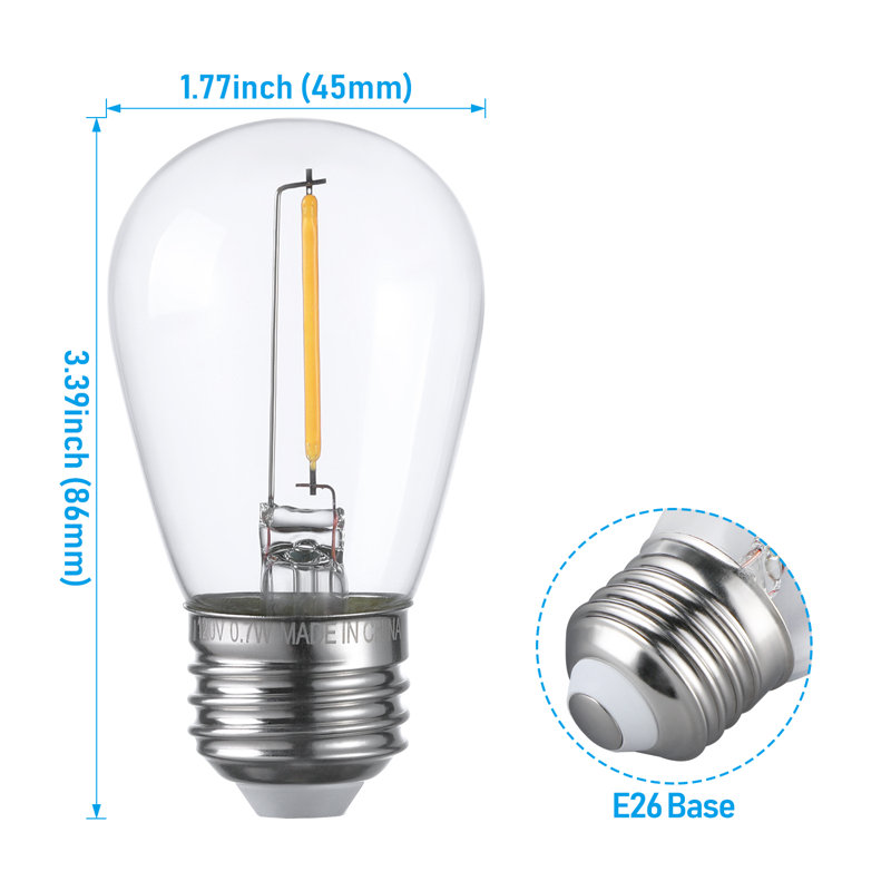 Ampoule DEL S14, verre transparent, ampoule à filament DEL non dimmable, blanc chaud 2700K, 0,7 W, guirlande lumineuse, culot E26