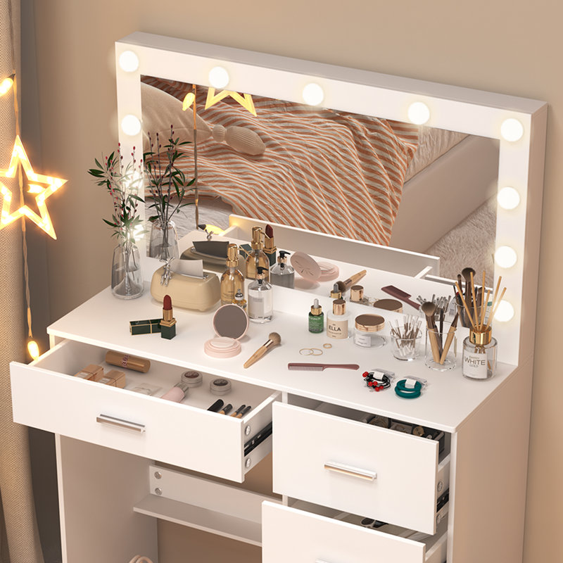 Ensemble de coiffeuse avec grand miroir et ampoules, coiffeuse de maquillage avec 5 tiroirs