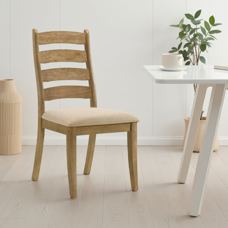 Ensemble de 2 chaises d'appoint Danie, dossier en échelle, bois brun, tissu beige