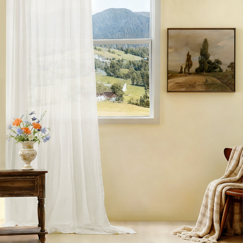 Paire de rideaux semi-transparents avec passe-tringle (ensemble de 2), Blanc, L 52 po x L 96 po