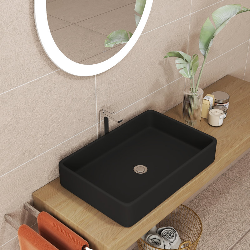 24" L x 16" W Ceramic Vessel Bathroom  Sink Rectangular Drop-in Vanity Sink, Black