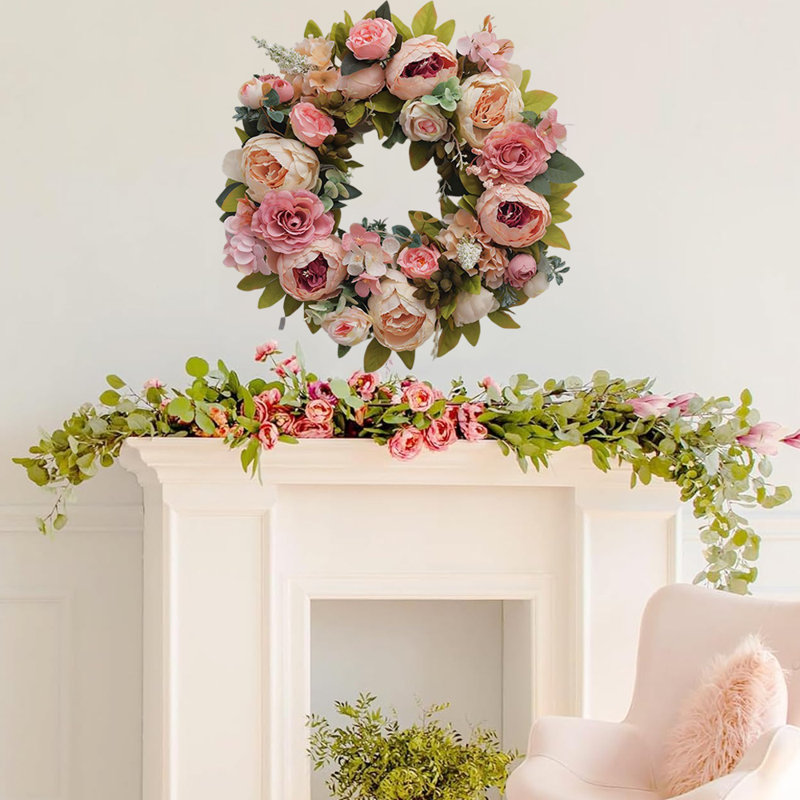 Couronne de pivoines artificielles, couronne de porte d'entrée de couleur mélangée de 17,7 pouces, couronne de porte faite à la main automne hiver, décorations murales et de fenêtre, modèle D