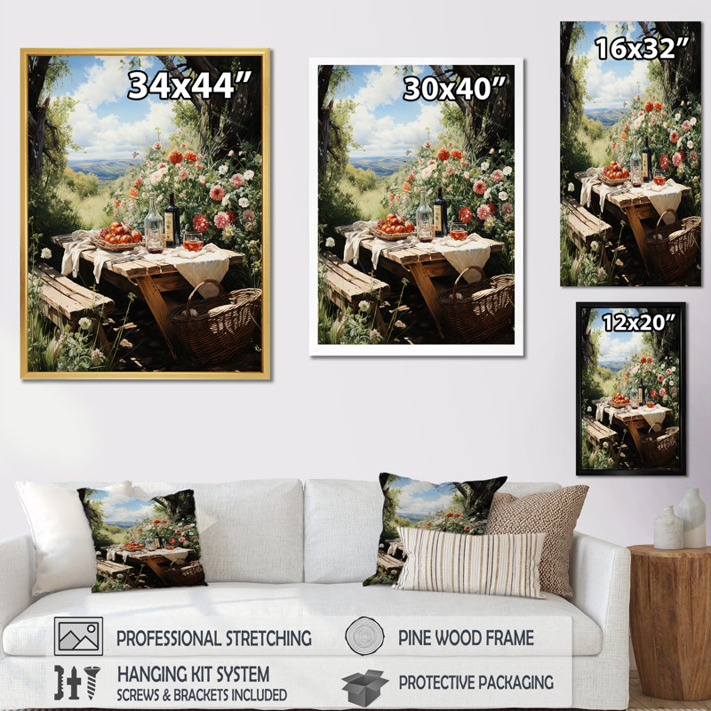 «Farmhouse», reproduction d'art sur toile, pique-nique champêtre, Cadre simple blanc, H 32 po x l 16 po x P 1 po