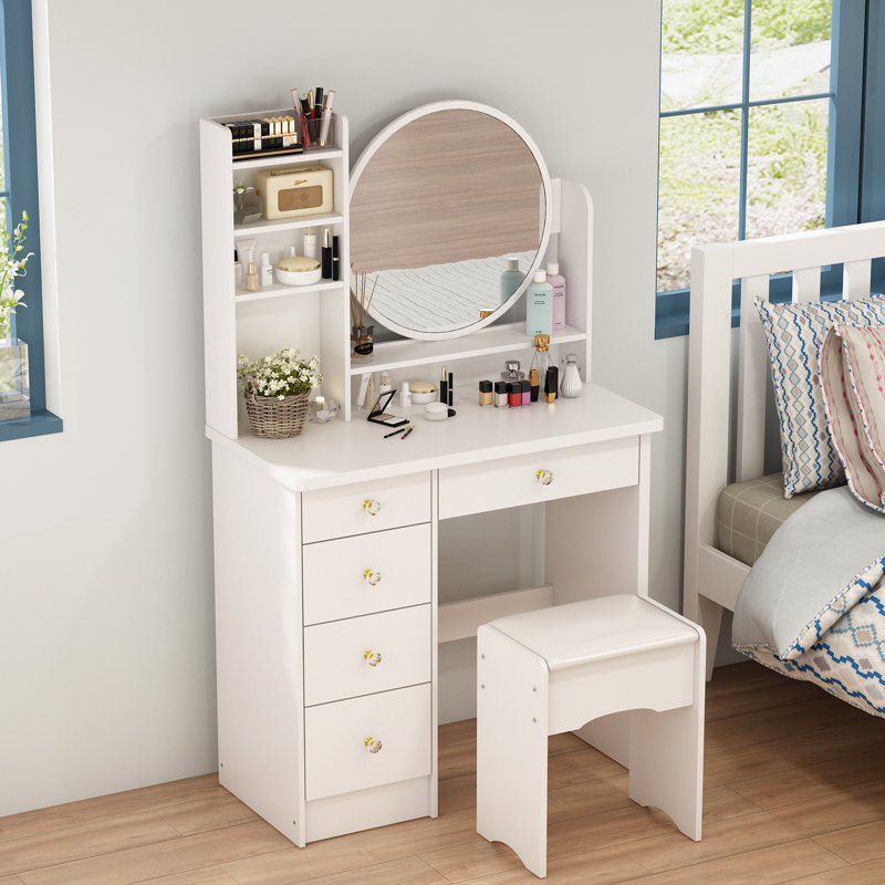 Meuble-lavabo 53,1 po avec tabouret et miroir Litzy, Blanc