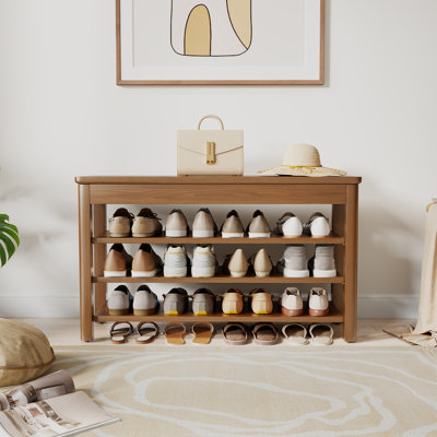Addisin Solid Wood Entry Shoe Bench with Lift Top Storage and 3 Shoe Shelves