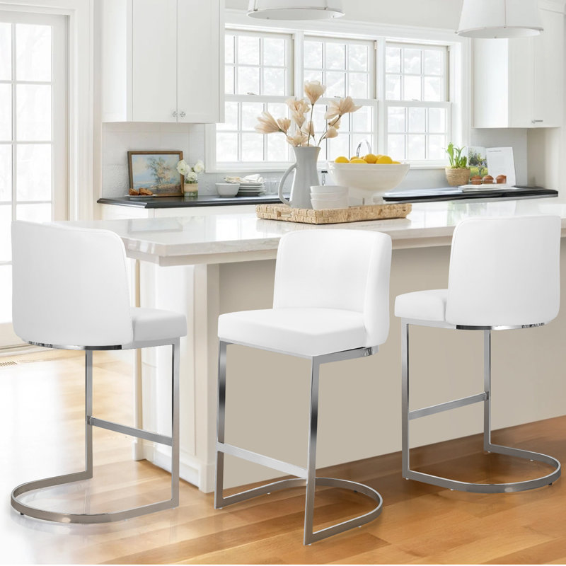 Bittencourt 26'' Upholstered Counter Stool, Faux Leather-White, 3