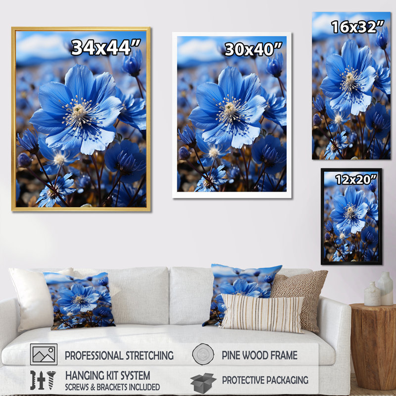 Blue Flower Cobalt Delight - Floral Wall Decor, Cadre simple blanc, H 32 po x l 24 po x P 1 po