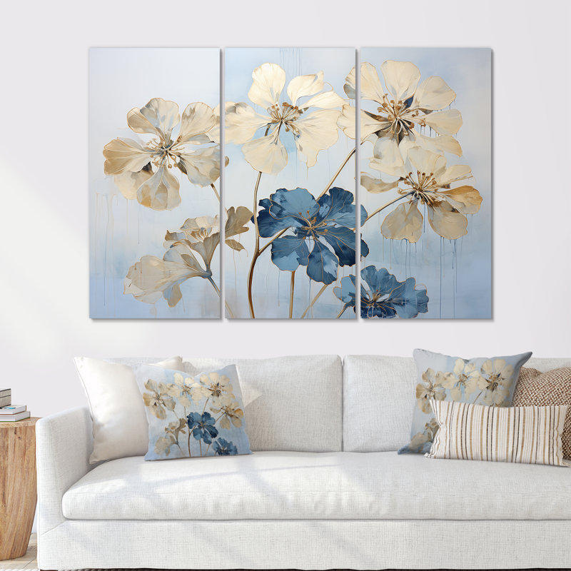 «Beige et bleu», impression d'art mural géraniums, H 28 po x l 36 po x P 1 po