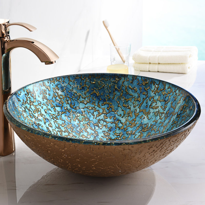ANZZI Chrona 16.5'' Blue/Gold Tempered Glass Circular Bathroom Sink