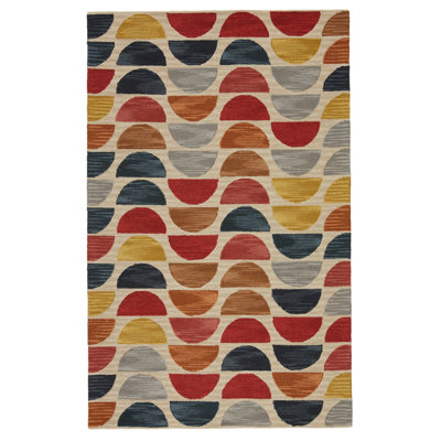 Tapis rouge / noir / orange en laine touffeté à la main à motif géométrique Beaman