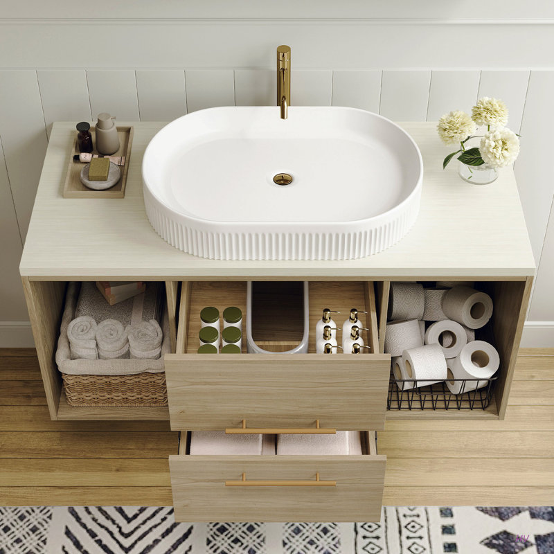 Meuble-lavabo mural moderne 38,2 po avec lavabo ovale en céramique et meuble flottant