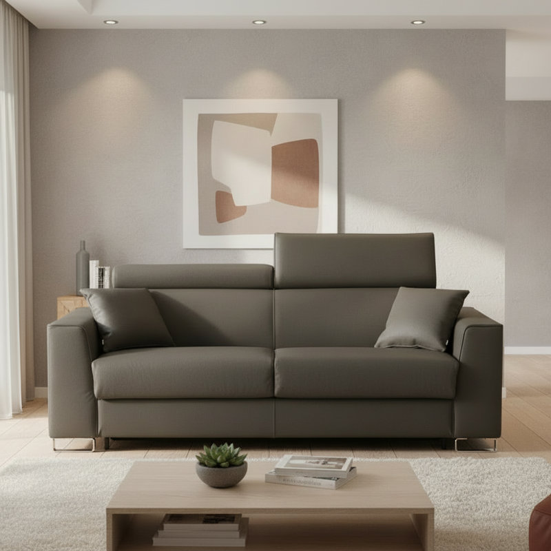 Monica 87" Genuine Italian Top Grain Leather Queen Wide Arm Sleeper Sofa Bed with Memory Foam Mattress