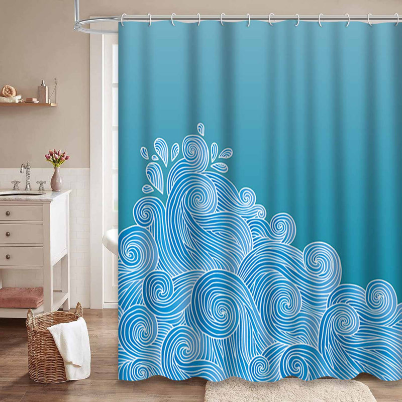 Rideau de douche imperméable abstrait Ocean Curl Blue Wave avec 12 crochets, L 72 po x l 84 po
